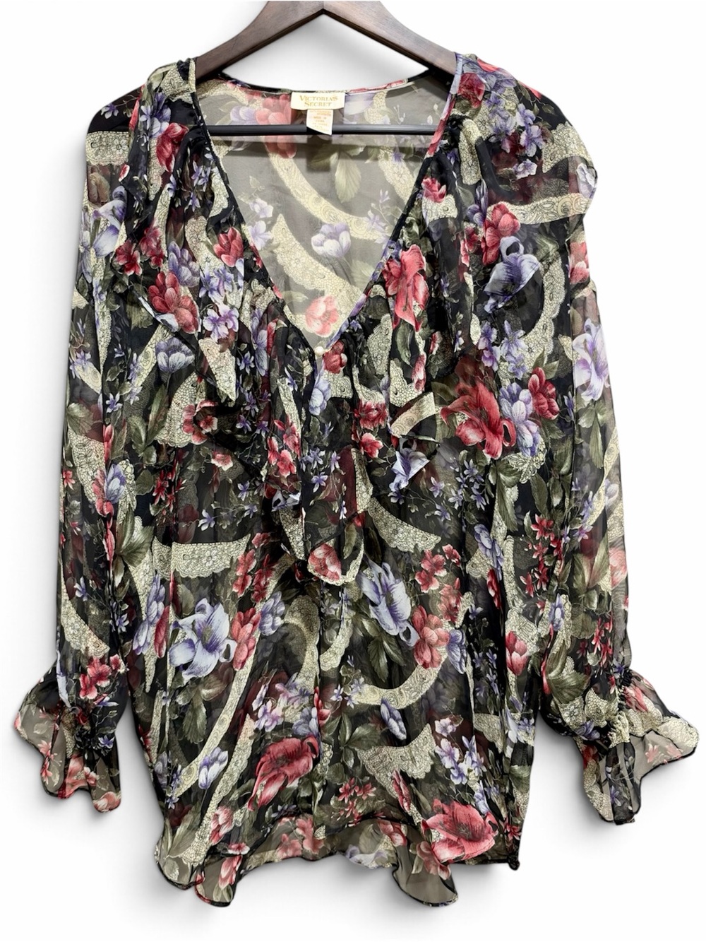 Vintage Victoria’s Secret Sheer Floral Ruffle Poet Tunic Blouse M/L
